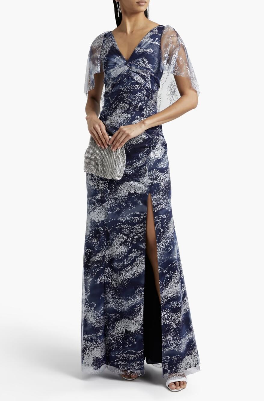 NWT MARCHESA NOTTE Twist-front glittered printed tulle gown